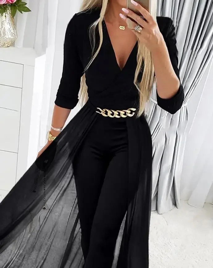 Fall Outfits Women Chain Decor Sheer Mesh Overlay Long Sleeve Tight Fitting Jumpsuit Fashion and Elegant Commuting Combinations