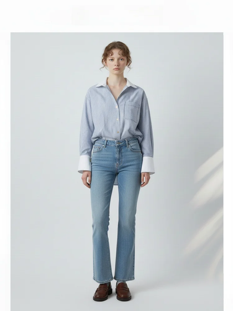 

French Sle Loose Fit Long Sve Cotton irt Women's Premium Quali Striped Pattern Turn down Collar Faionable Autumn 2025