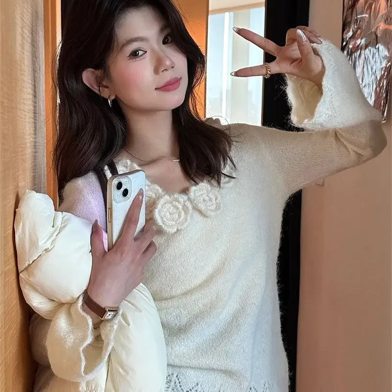 High Street Casual Loose Floral Patchwork All-match Pullovers Spring Autumn New Solid Color Round Neck Long Sleeve Sweater