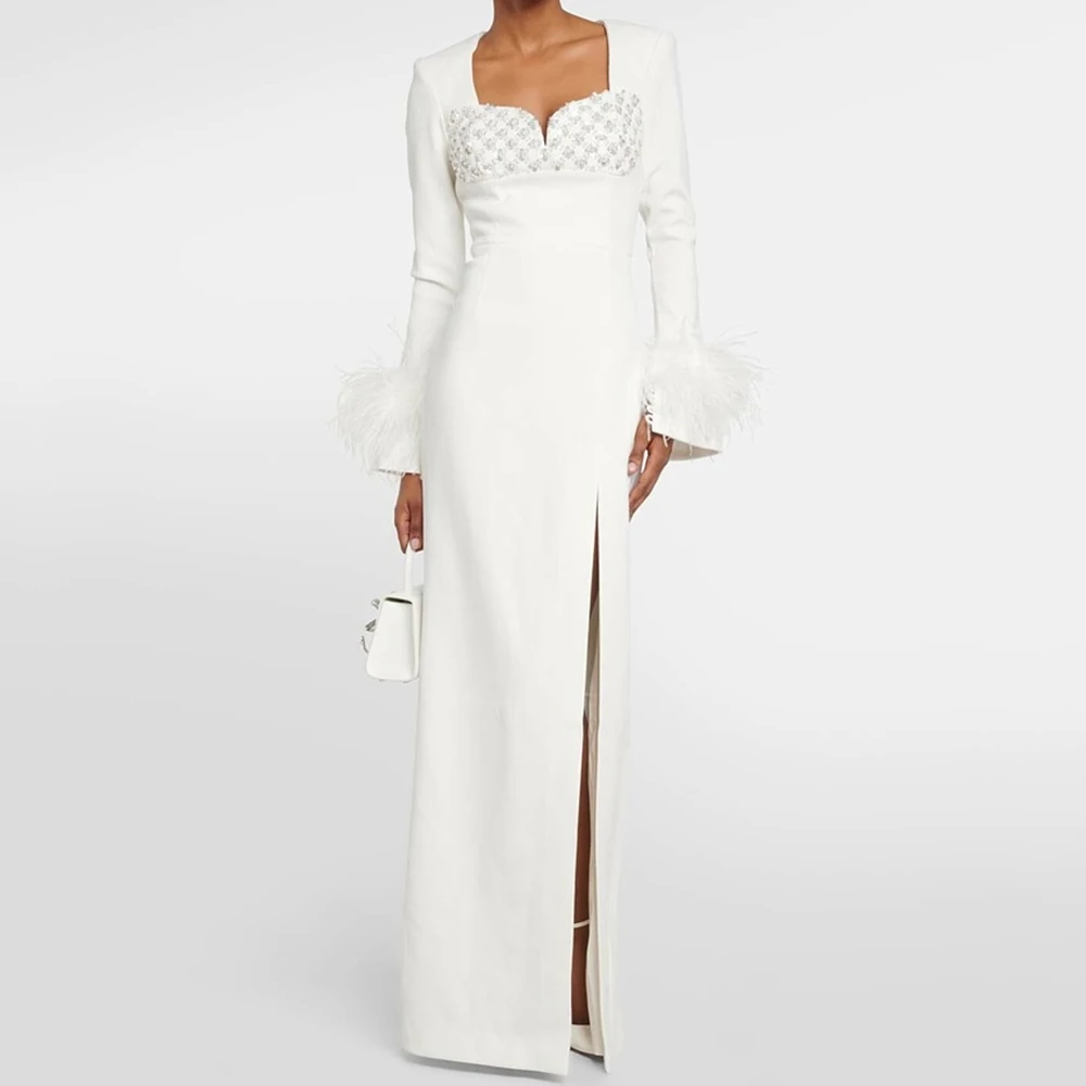 

Customized Straight Evening Dresses Ankle-length Square Collar Full Sleeve Prom Gown Simple Fashion Beading Sequined Party Gown