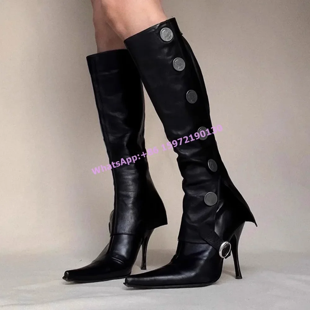 

Black Coin Belt Boots Two Way Wear Side Zipper Pointy Toe Thin Heels Leather Knee High Boots Women's Retro Runway Knight Shoes