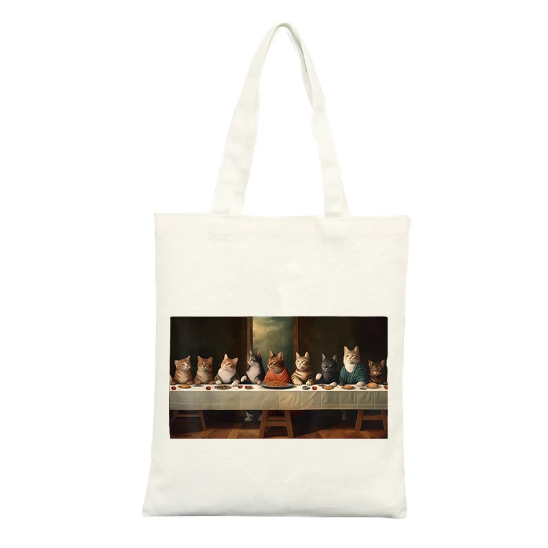 Canvas Tote Bag with Cat Group Print, Artistic Casual Shopping Bag for Daily Use