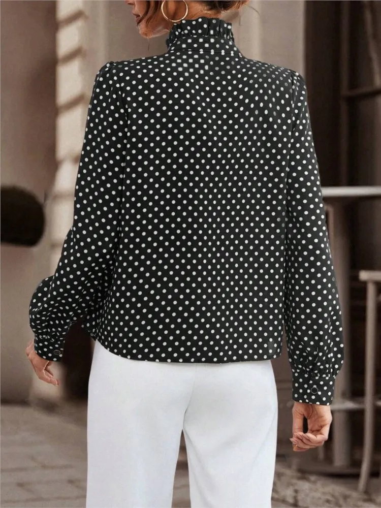 Vintage Polka Dot Print Long Sleeve Shirts For Women Ruched Stand Neck Elegant Blouse Buttoned Top Spring Going Out Street Wear