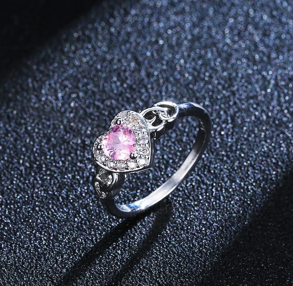 S925 Silver Ring Fashion Trendy Heart Shape Pink Crystal Micro Pave Setting Silver Band Fine Jewelry For Women Girls Daily Use