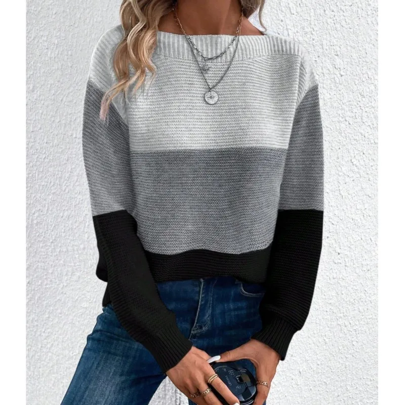 Women's Knitted Round Neck Color Blocking Sweater Autumn Winter Casual Daily Commuter Long-sleeved Pullover Warm Tops
