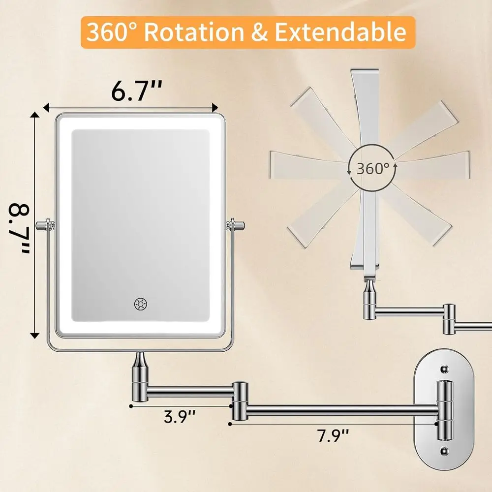 LED照明付き両面化粧鏡、5000mAh充電式、1倍/20倍拡大、タッチ調光、360度回転 °   回転式スイングアーム