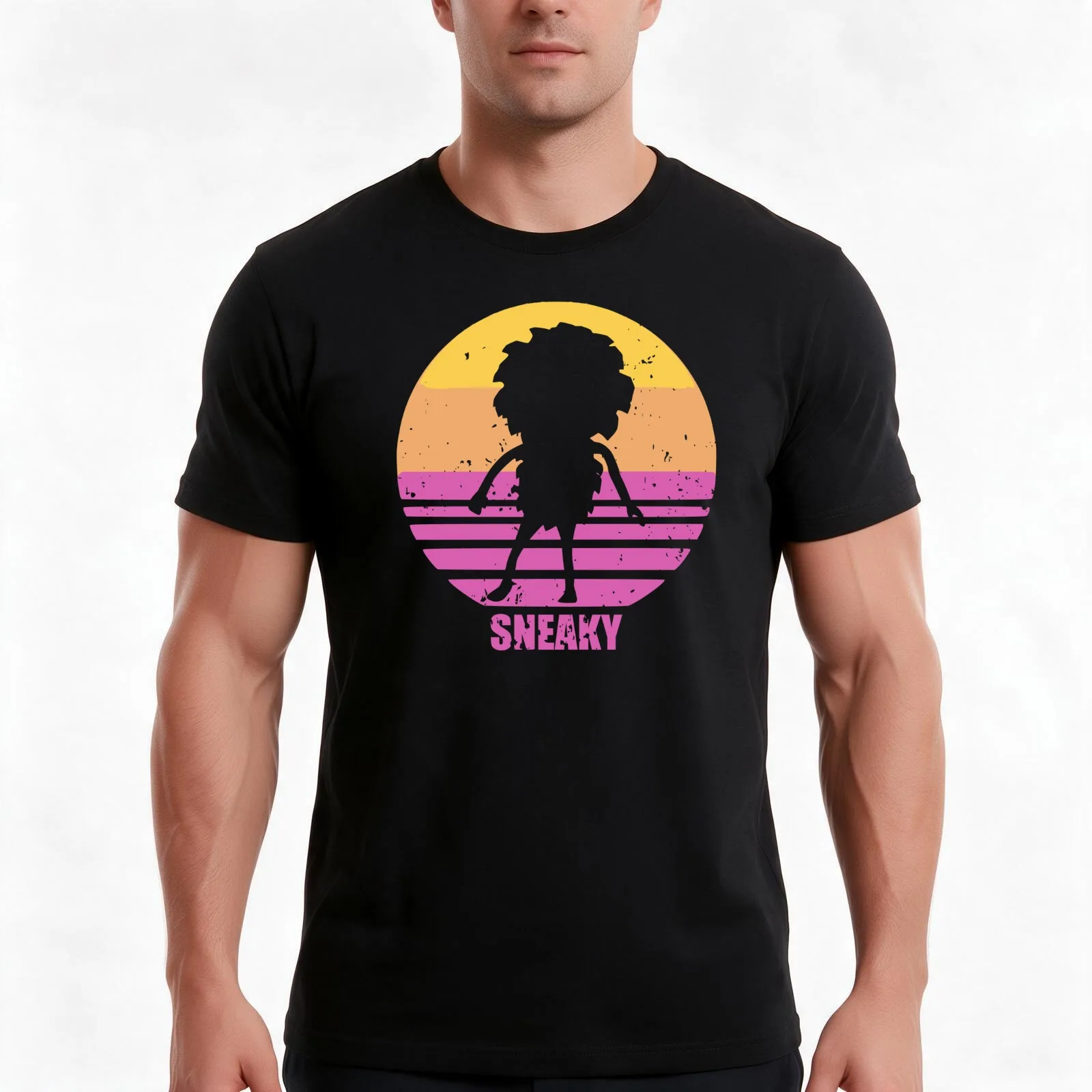 Sneaky Sasquatch Silhouette Distressed Sunset Vaporwave T-Shirt Summer Casual Cotton Tee Oversized Streetwear Tops