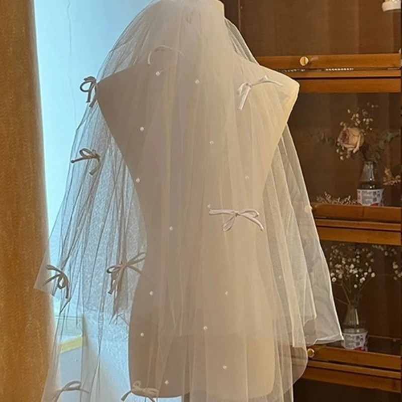 Bride Veil Studded Bowknot Beaded Head Covering Wedding Hair Covering White Wedding Veil Headscarf Short Veil DropShip image 4