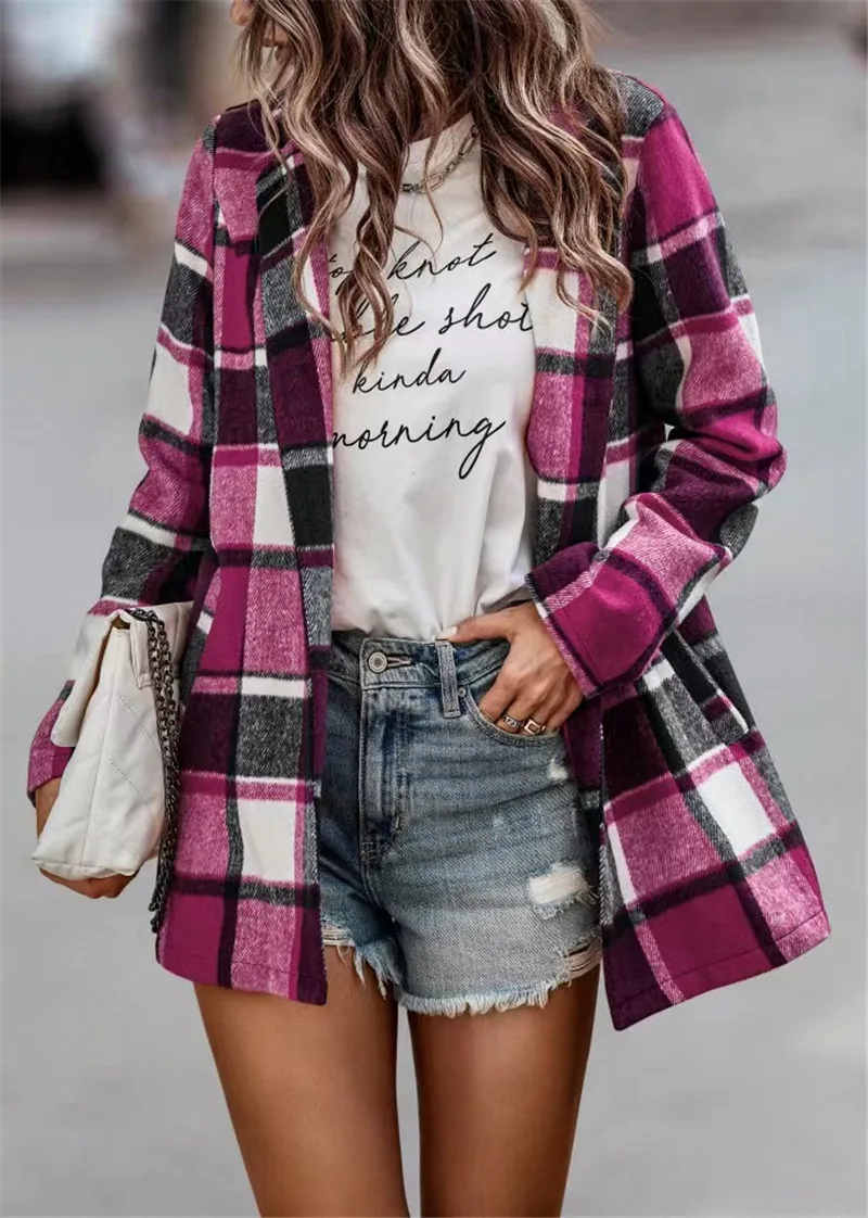 2023 European and American Women\'s Wear Autumn/Winter Long Sleeve Polo Collar Loose Plaid Thickened Woolen Coat