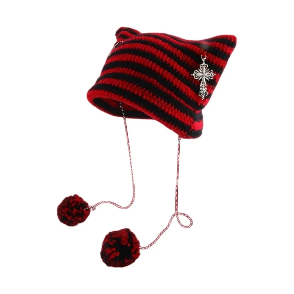 Women's Hats Y2K Cute Y2K Beanie Hat Striped Star Devil Hat Knitted Beanie Hat Autumn Winter