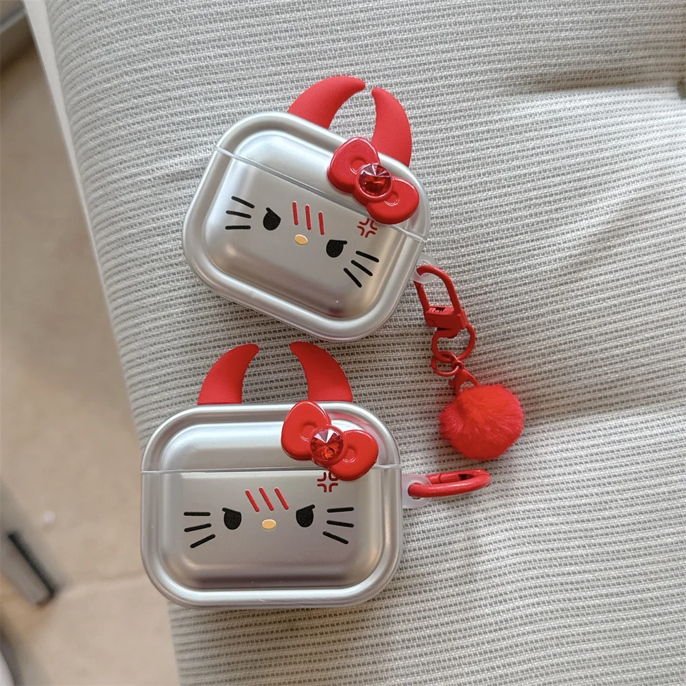 

Cute Cow Horn HelloKitty Electroplated Earphone case Shockproof cover for Apple Airpods 4 3 2 Pro2 Pro3 Cover With Charm Funda