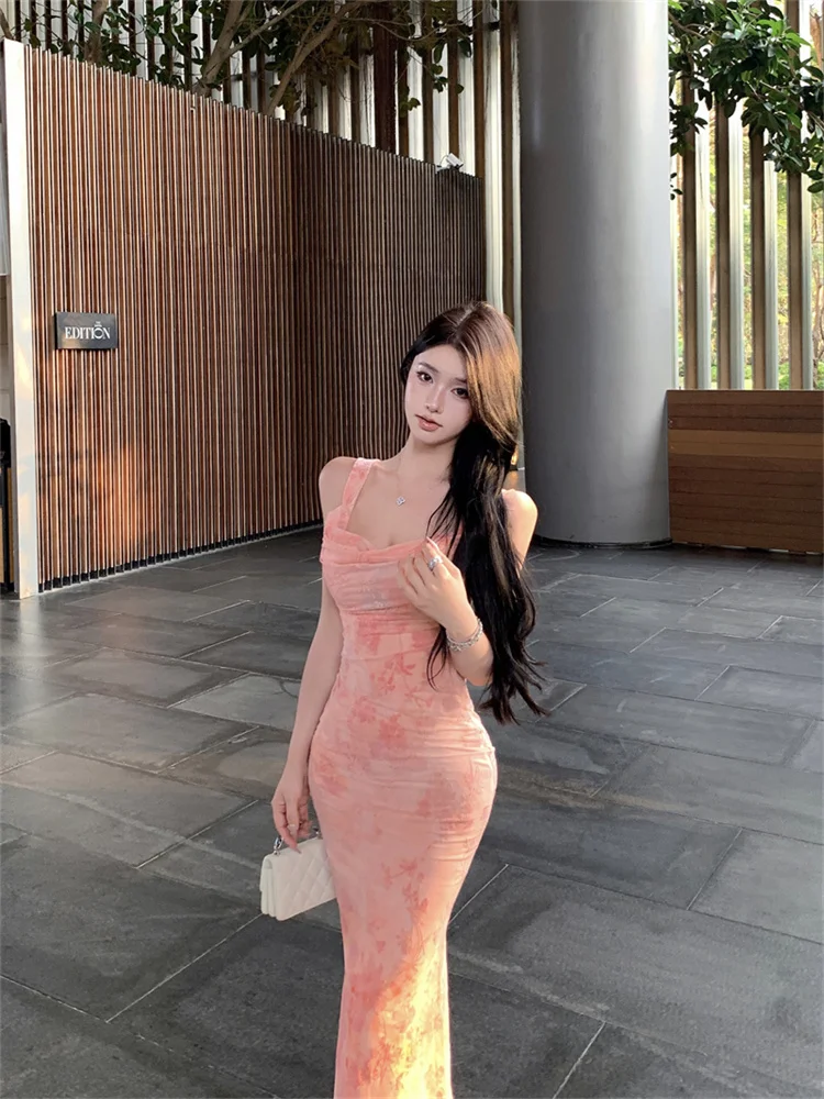 เดรสสีชมพูสไตล์ฝรั่งเศสย้อนยุค ดีไซน์เปิดหลัง ผูกโบว์ ทรงเข้ารูป ผ่าข้าง เซ็กซี่ เหมาะสำหรับงานปาร์ตี้ สำหรับผู้หญิง ดีไซน์ฤดูร้อน สวยงามสะดุดตา ทรงเมอร์เมด