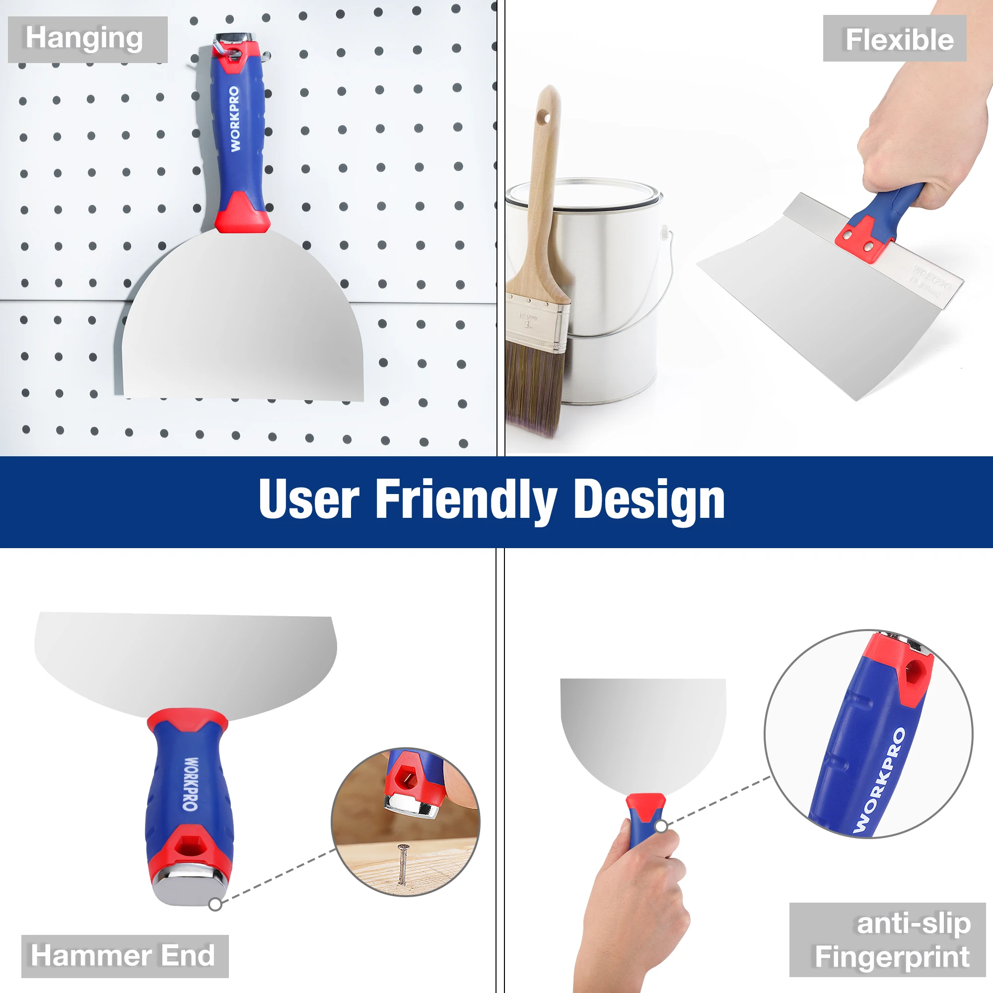 WORKPRO-Juego de cuchillos de acero inoxidable para paneles de yeso, cuchillo para tapar Masilla con cuchillas de 4 ", 6", 8 ", 10", 12 "y martillo de Metal de aleación