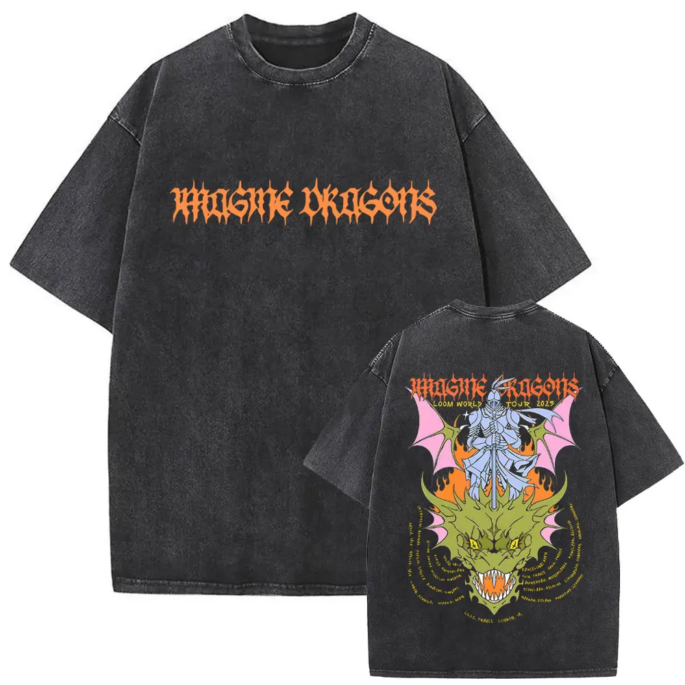 Imagine Dragons Loom World Tour 2025 Washed Vintage T Shirt Rock Band Cartoon Dragon T-shirt Men Women Casual Oversized T-shirts