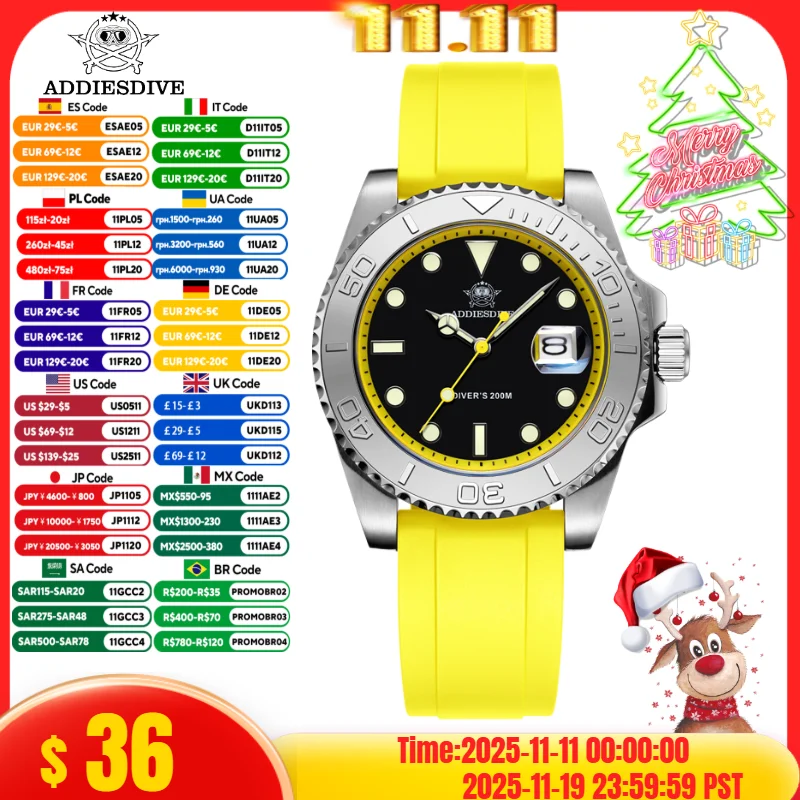 Addiesdive Ad2040 Top Marke Männer Uhr Kalender Display leuchtende 20bar Taucher Quarz Gummi Silikon Quarz Uhr Reloj Hombre