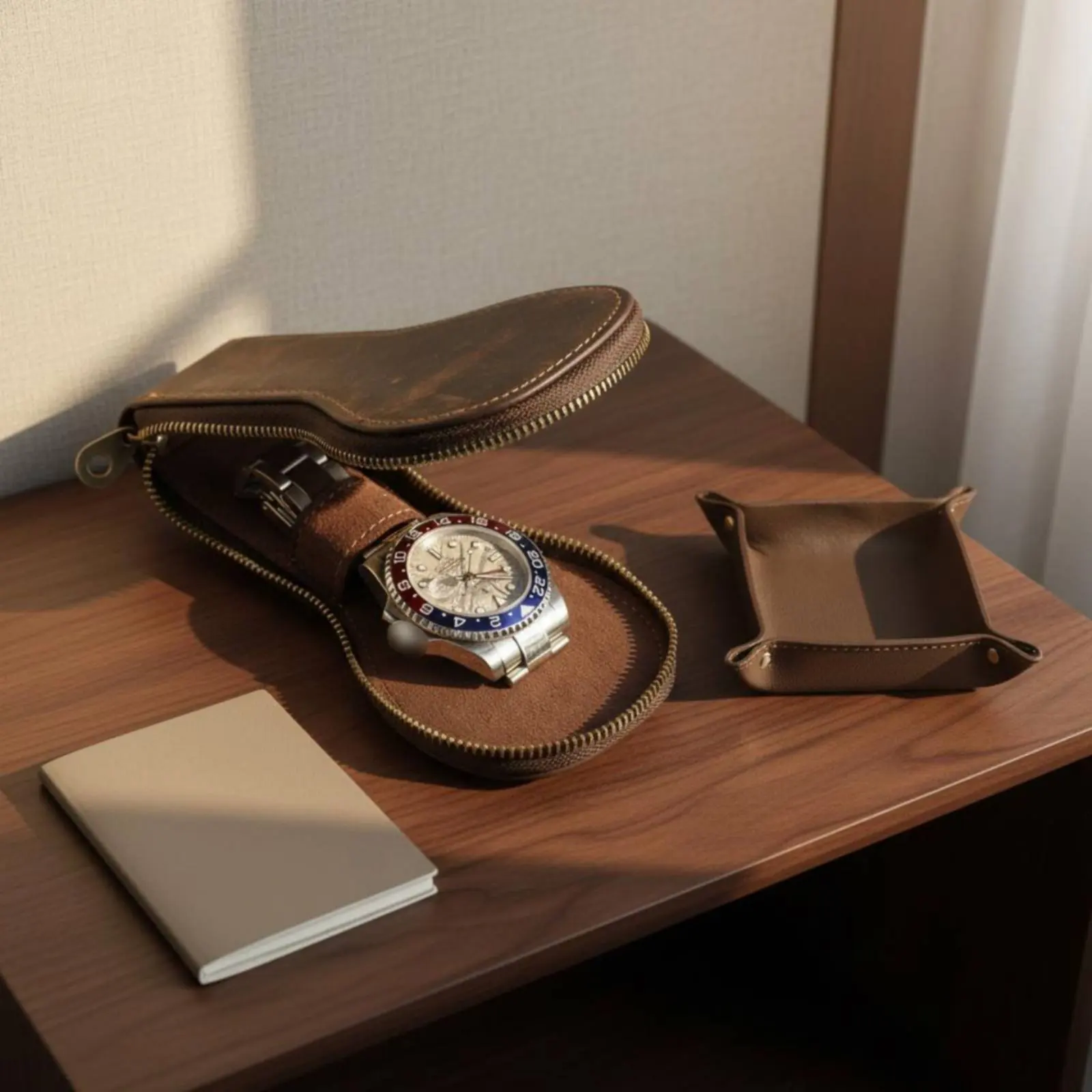 Crazy Horse Leather Watch Sleeve Portable Leather Watch Travel Case Lightweight Shock Resistant for Travelers