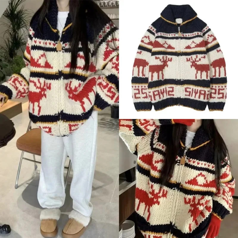 

Christmas Elk Hoodie Knit Cardigan Europe America Fair Island Zipper Sweater Women Autumn Winter Lovers Lazy Knit Cardigan New