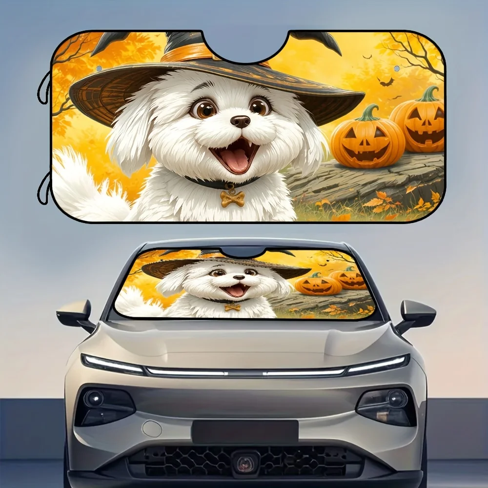 

1pc Cute Dog Halloween Windshield Shade - Festive Front Car Sun Protector With Pumpkin & Autumn Tree Design, Foldable Polyester