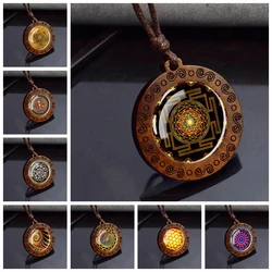 Sri Yantra Mandala Glass Necklace Wood Pendant Buddhist Sacred Geometry Jewelry Spiritual Yoga Gift