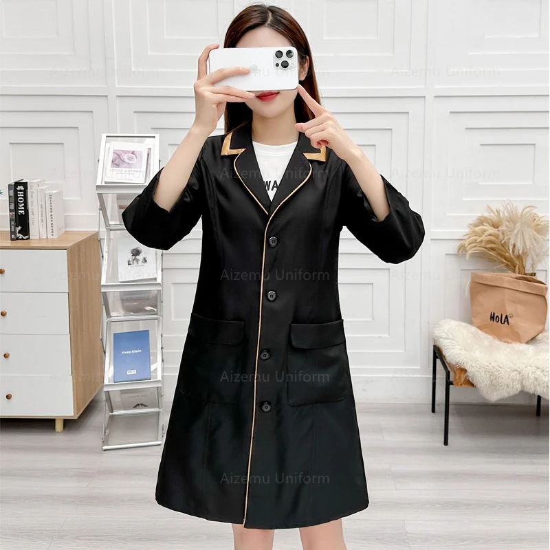 black beauty uniform with beautician robe women salon lab coat nurse uniform medical scrubs pink hospital Spa workclothes logo