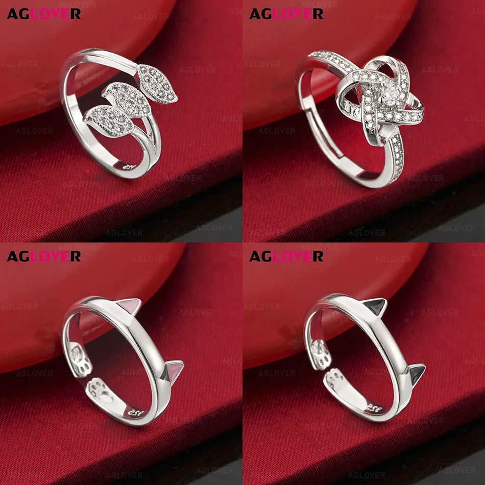 

AGLOVER 925 Sterling Silver Flower Zircon Four-Leaf Clover Ring Charming All-match Women's Party Jewelry