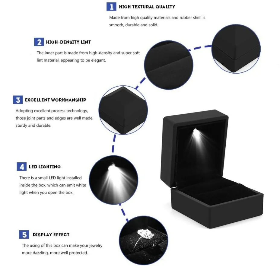 1 Pcs LED Jewelry Ring Box Luxury Velvet Rubber Necklace Pendant Gifts Display With Light For Proposal Engagement Wedding Case - view 6