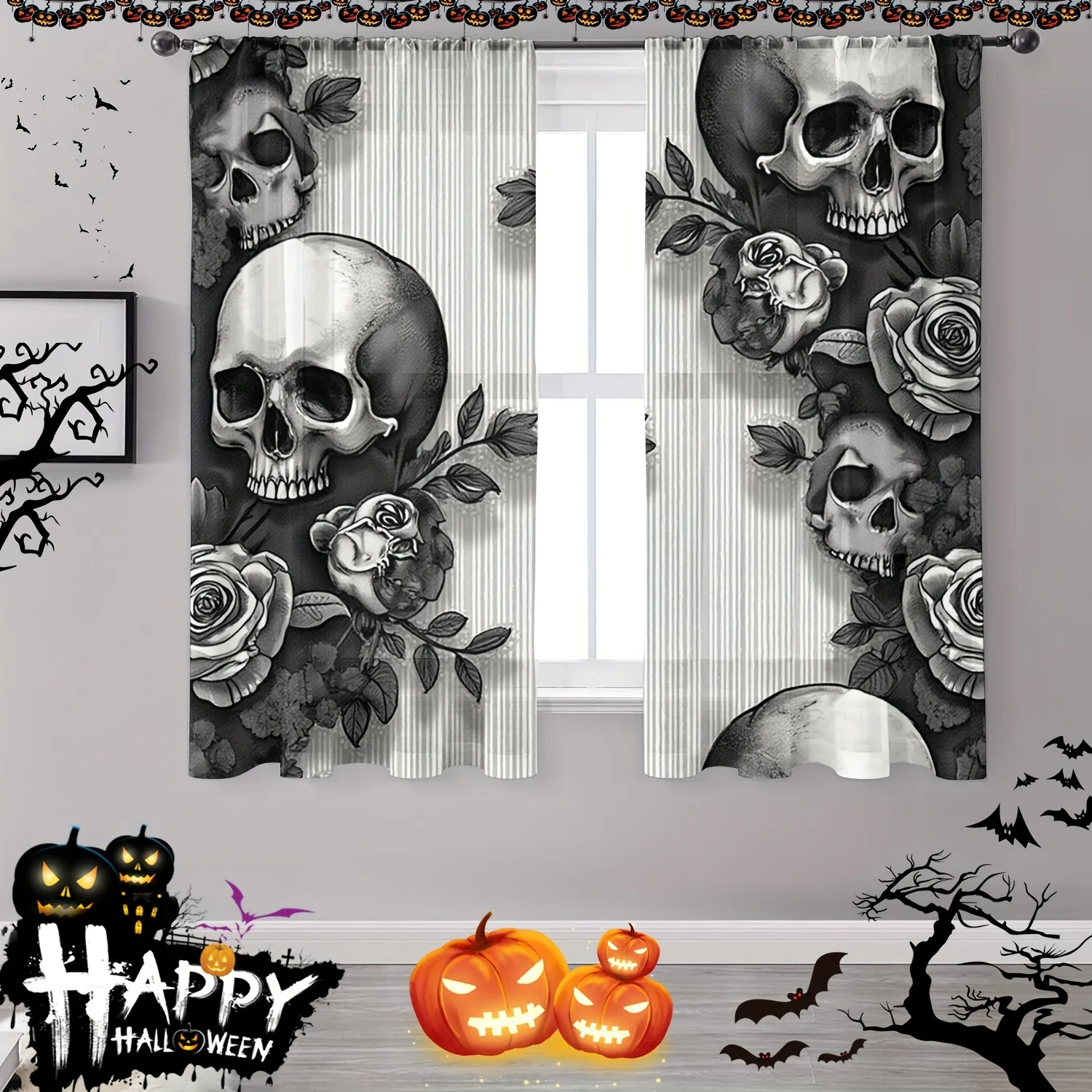 Gothic Skull Rose Curtain 2 Panels, Black White Sketch Skeleton Flower Vertical Striped Light Base Print, Drapes Bedroom Curtain