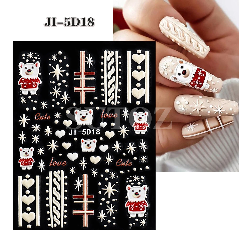 5d Embossed Christmas Nail Stickers Lasting Charming Nail Art Stickers Christmas Manicure Red Santa Nail Decal Embossed Design