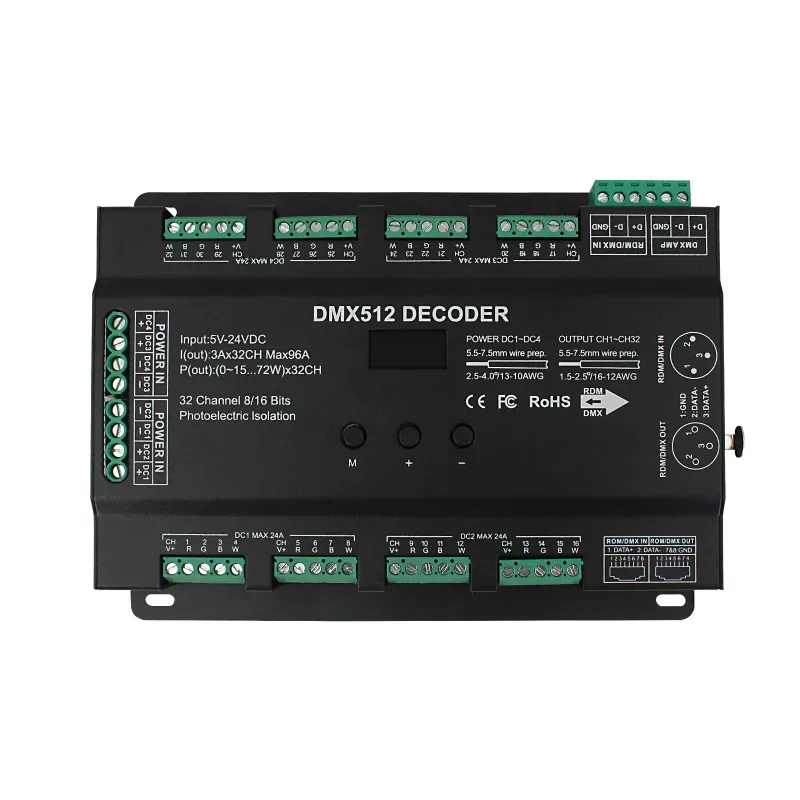 

Latest 32-Channel 8-Bit 16-Bit RGBW RDM DMX512 Decoder for Stage Lights