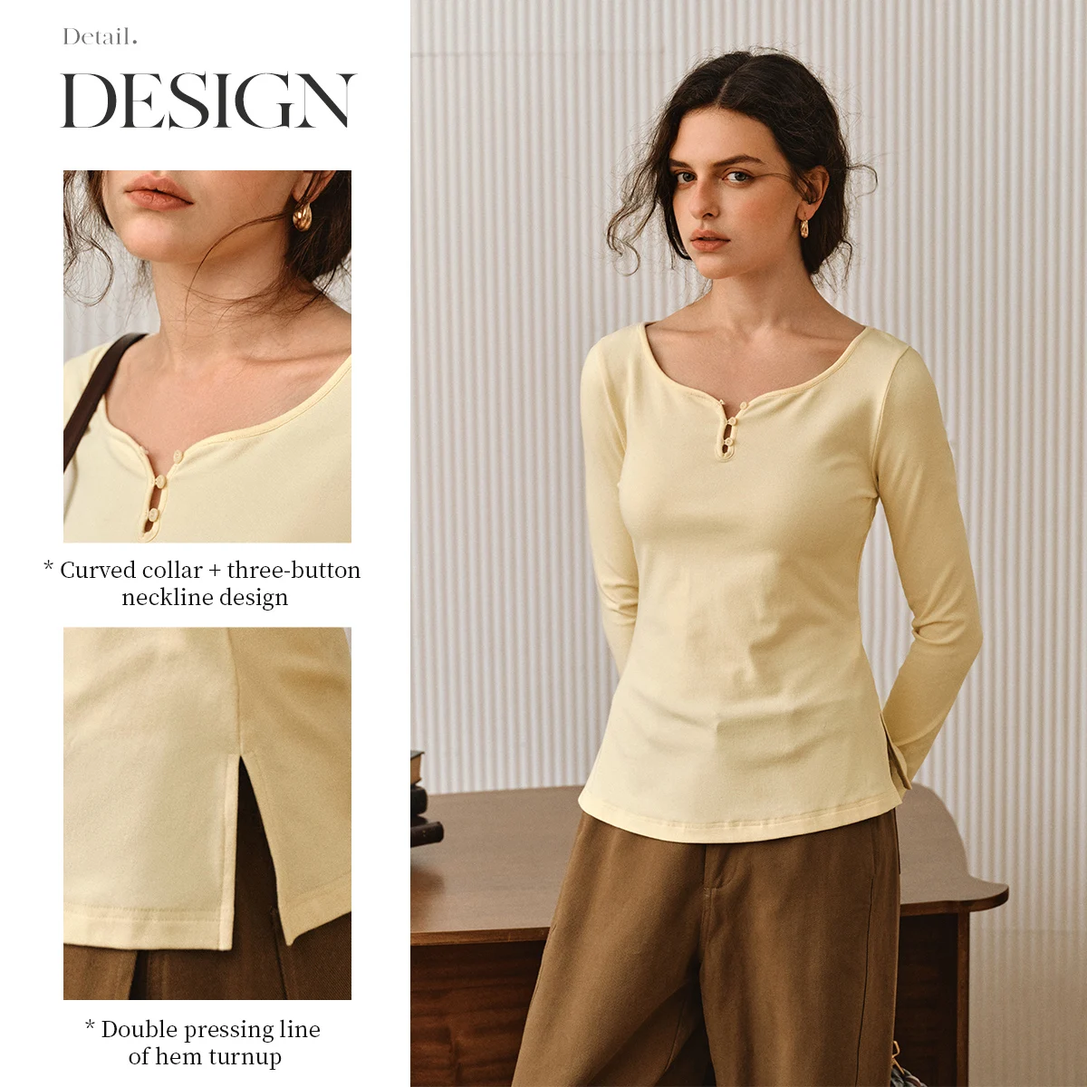 OLrain Women's French T-Shirts 2025 Autumn Curved Neck Long Sleeve Slim T-Shirt Solid French Design Knitted Tops O57QT001250