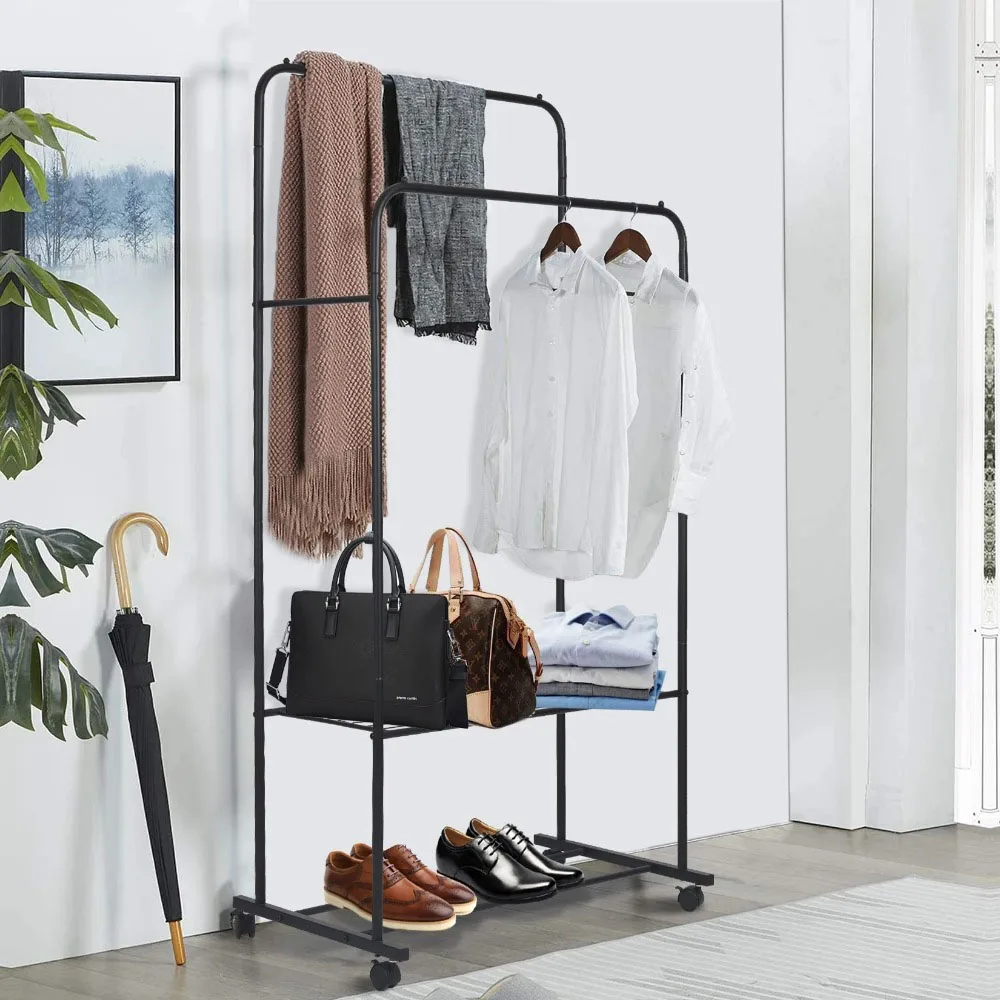 Large Clothes Rack Double Rail Rolling Stand Shoes Rack Storage Shelf Double Layer Double Rod Hanger