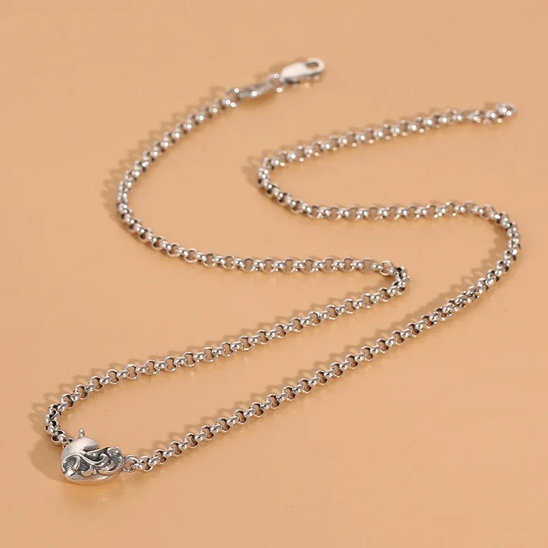 

S925 thai silver retrofashionstylish o-shaped heart clavicle ball necklace for women ins niche design casual jewelry