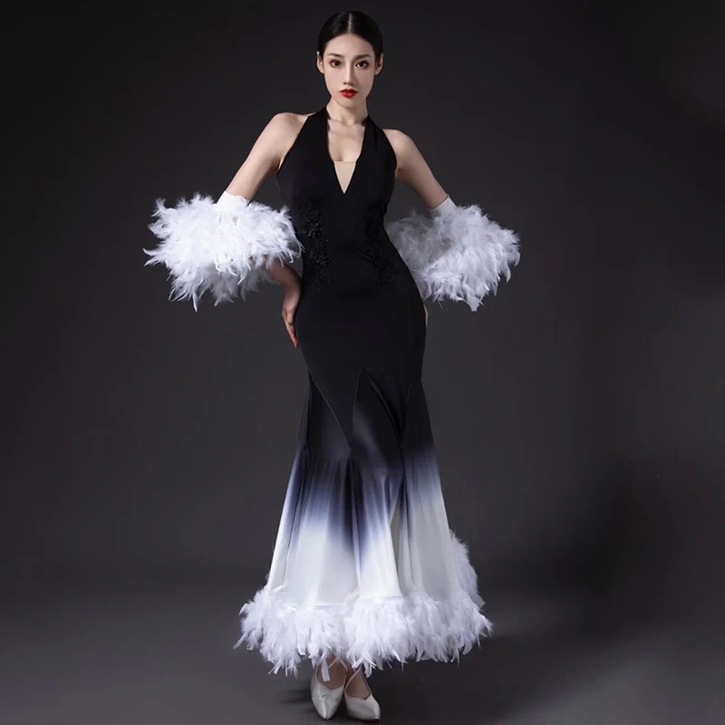 2022 White Feather Ballroom Dance Dress Women Performance Clothing Waltz Dance Costume Bubble Sleeves Tops Ballroom Skirt BL9768