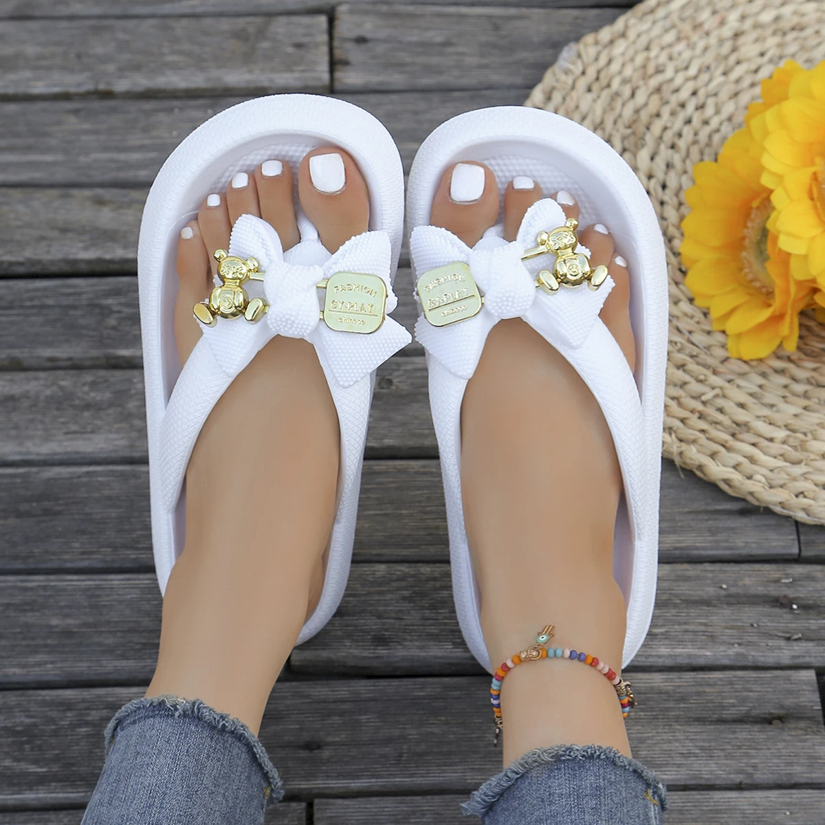 Summer Women Multi-Color Flip Flops Fashion Metallic Teddy Bear Bow Slide Sandal Beach Vacation Home shower Versatile Footwear image 4