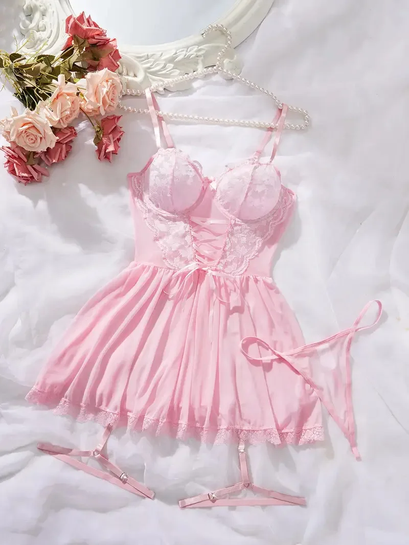 الوردي لطيف G-سلاسل مجموعة الملابس الداخلية فستان سهرة المثيرة Sexi Lenceria الحمالات رقيقة جدا الملابس الداخلية النساء الساخن شبه شير ثوب النوم