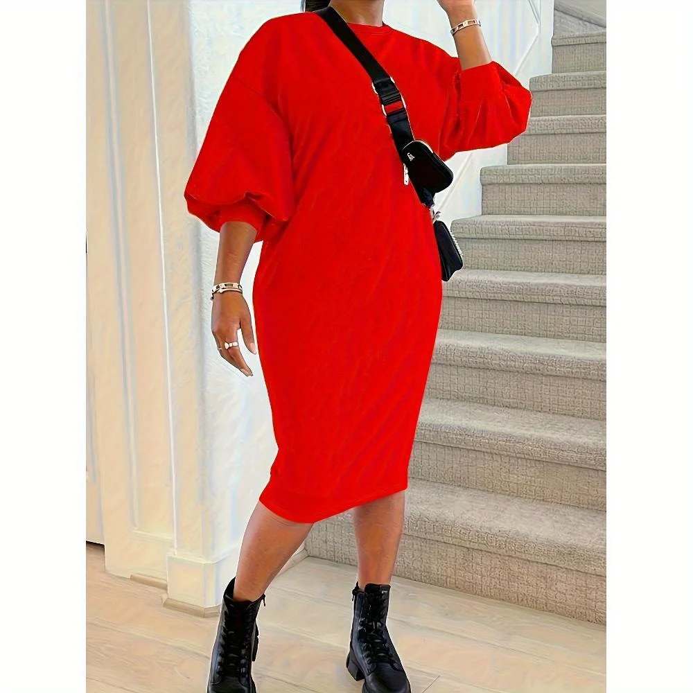 

Plus Size Women's Minimalist Long Sleeve Round Neck Dark Red Dress