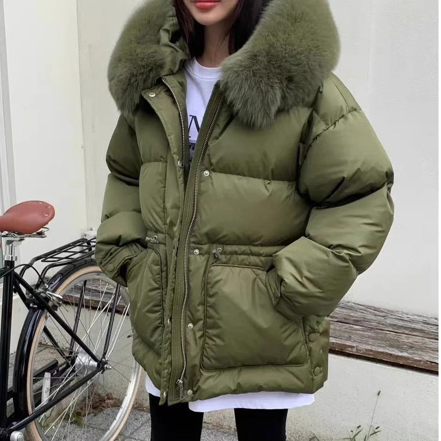 معطف نسائي شتوي من القطن Jaet بياقة من الفرو المزيف معطف دافئ متوسط الطول بياقة كبيرة من الفرو ملابس كورية للتنقل #3