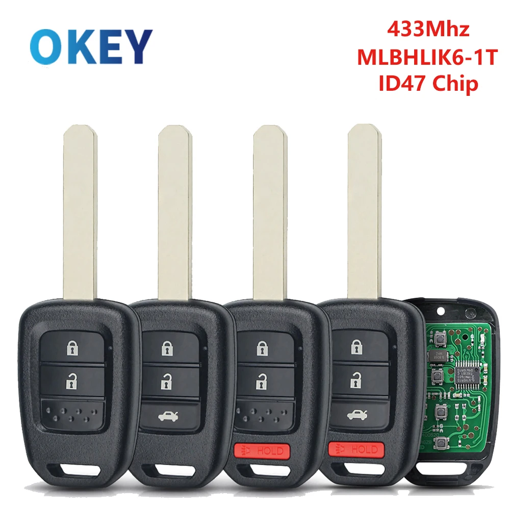 

Okey Remote Car Key PCF7961 ID47 Chip 313.8/433Mhz For Honda 2013-2015 CRV 2013-2017 Accord Civic Fit 2/3/4 Buttons MLBHLIK6-1T