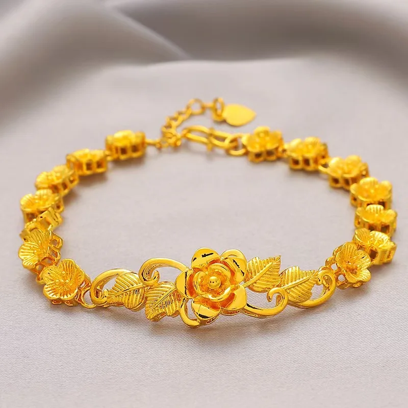 Luxury 24K 9999 Pure Gold real gold Women's Flower Bracelet Light Luxury High-end Large Flower Bracelet