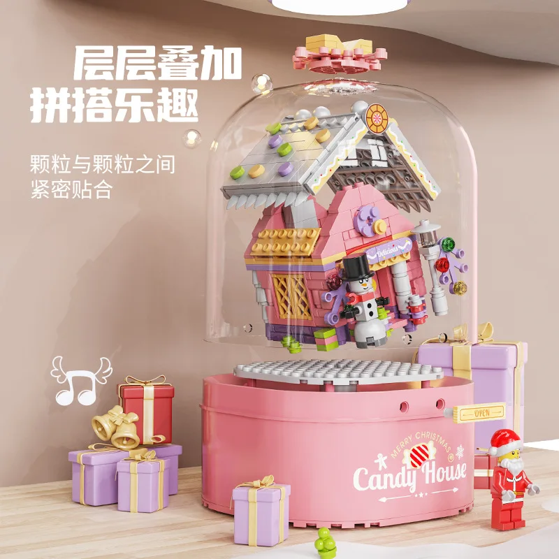 Świąteczny domek z cukierków z bloków konstrukcyjnych, pozytywka, model, kryształowa choinka, zestaw ozdób dla dzieci, prezent świąteczny