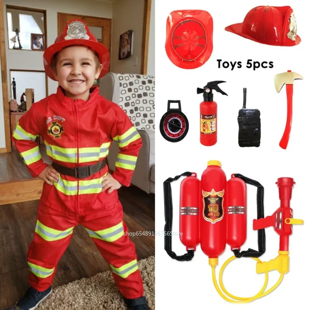 Children Fireman Cosplay Costume Boys Girls Halloween Carnival Party Sam Fireman Uniform Workwear Christmas Gift