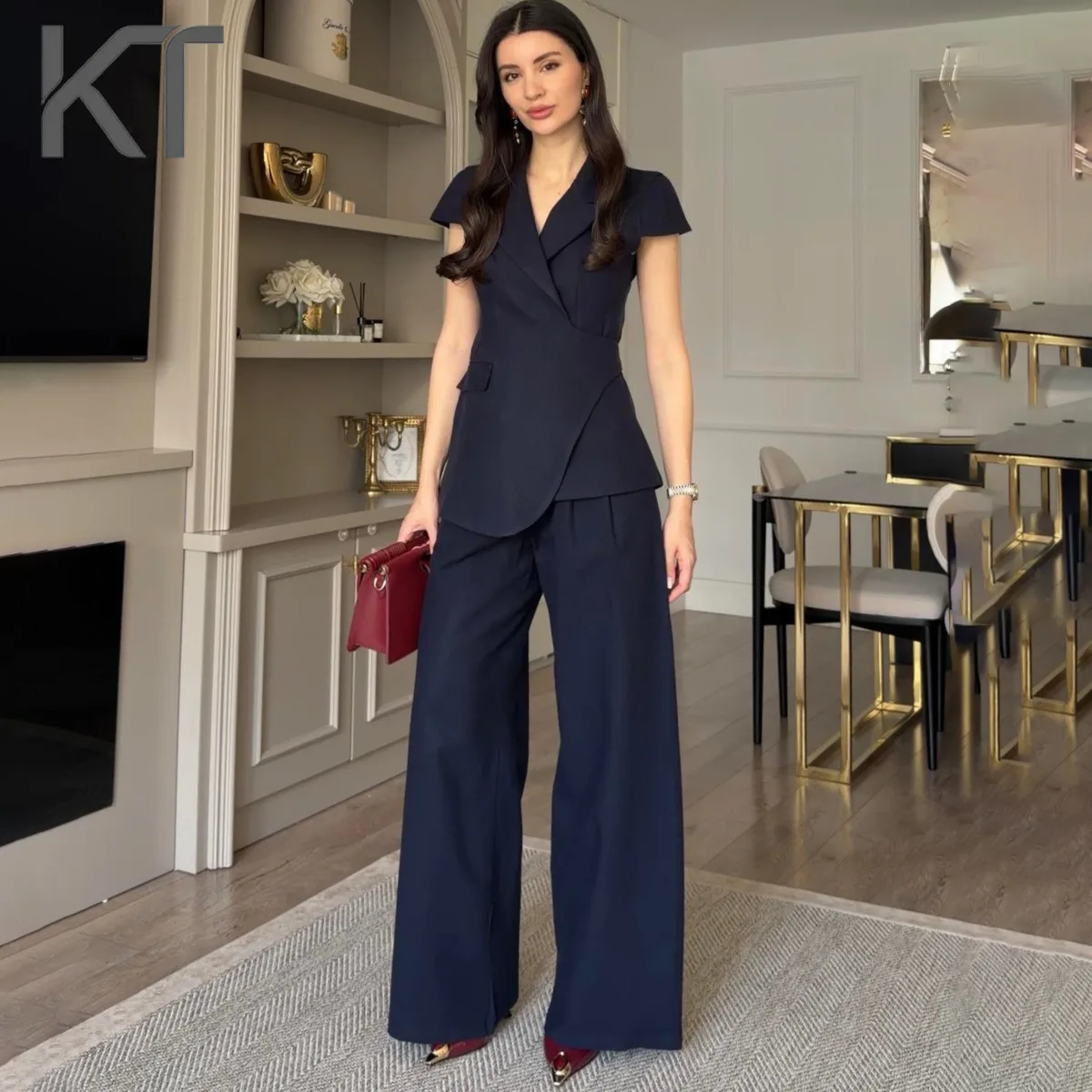 

KT Women's Elegant Pants Set 2026 Spring Summer Notched Lapel Cap Sleeve Wrap Blazer & Wide Leg Trousers