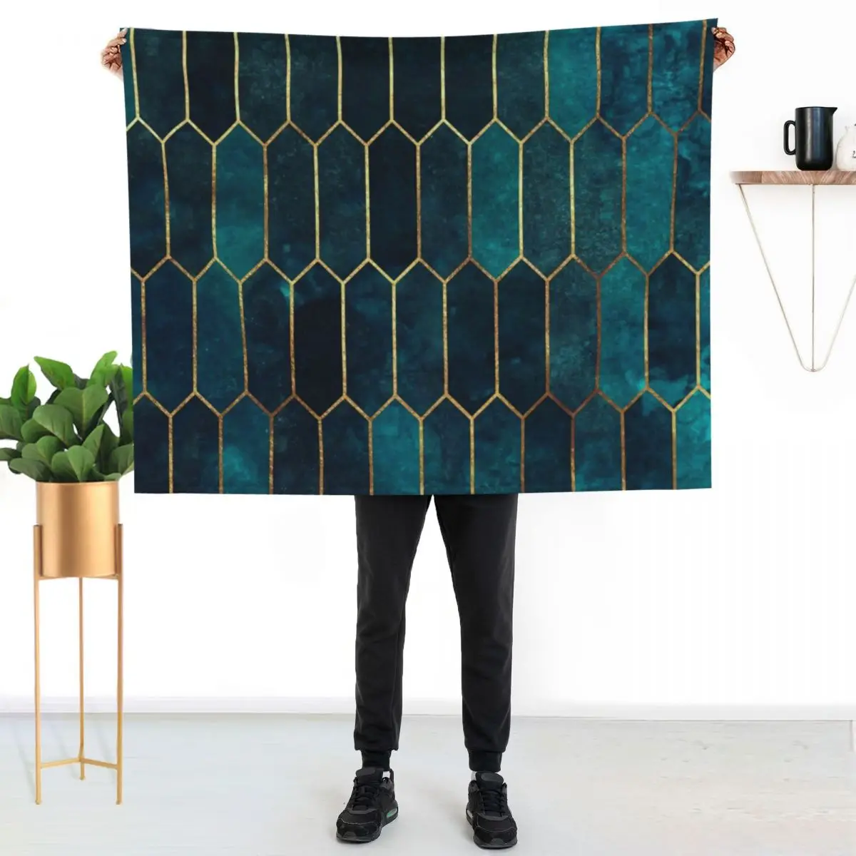 Deep Teal and Blue Gold Pattern Throw Blanket Flannel Fleece Soft Warm Throw Blanket