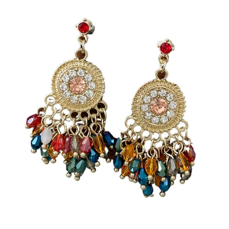 

Color crystal fringed ear clips retro exaggerated ethnic style niche bohemian earrings