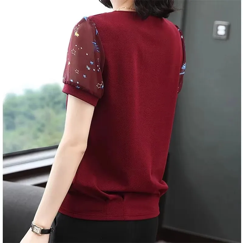 قميص شيفون مطبوع للنساء بأكمام قصيرة ورقبة دائرية وقصة فضفاضة وقميص مريح للأمهات في منتصف العمر #2