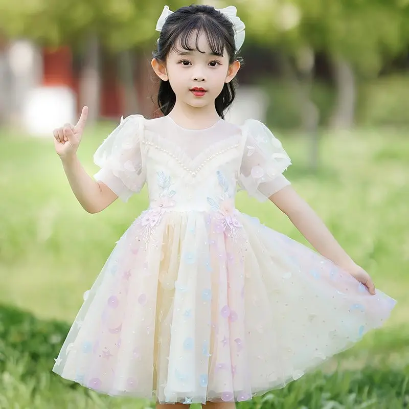 Children Clothes Girl Wedding Dress 2024 New Puff Sleeve Princess Banquet Dresses Birthday Evening Pink Ball Gown for Kids N28