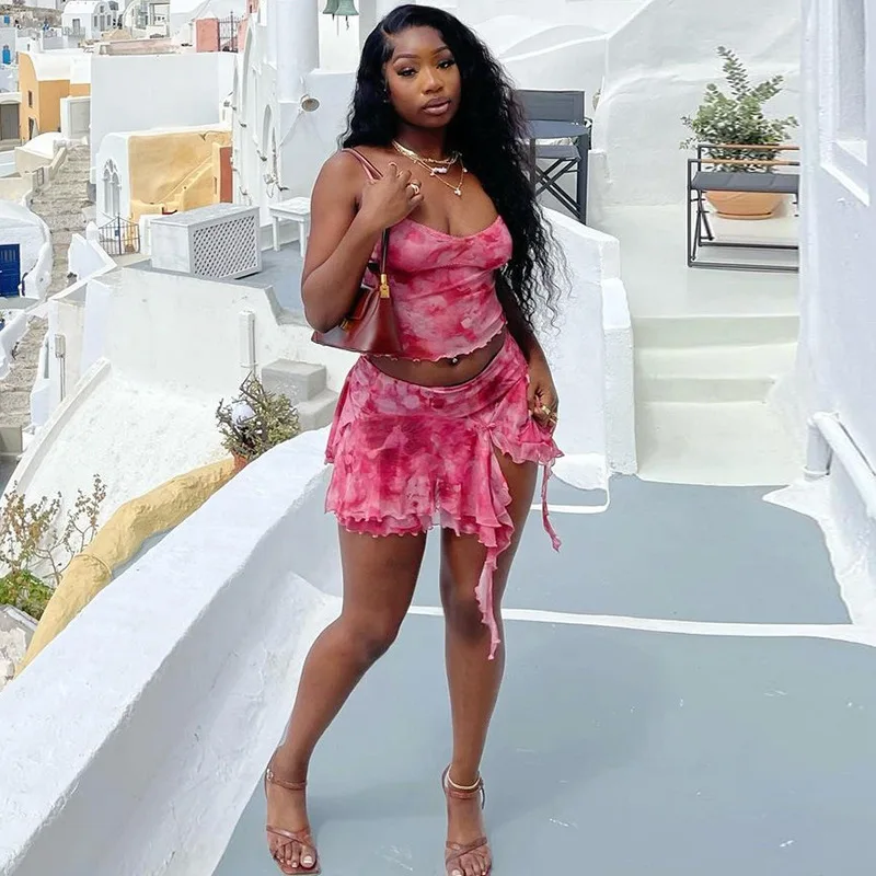 

SKMY Women Clothing Fashion Mesh Printed Sexy Camisole Vest Crop Tops Split Mini Skirt Sets Two Piece Outfits 2025 Summer New