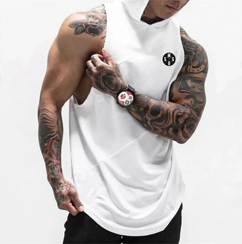 Summer Men Cotton Mesh Splicing Loose Tank Tops Gym Workout cool Bodybuilding Fitnes Hooded Sleeveless Muscle Running Sport Vest