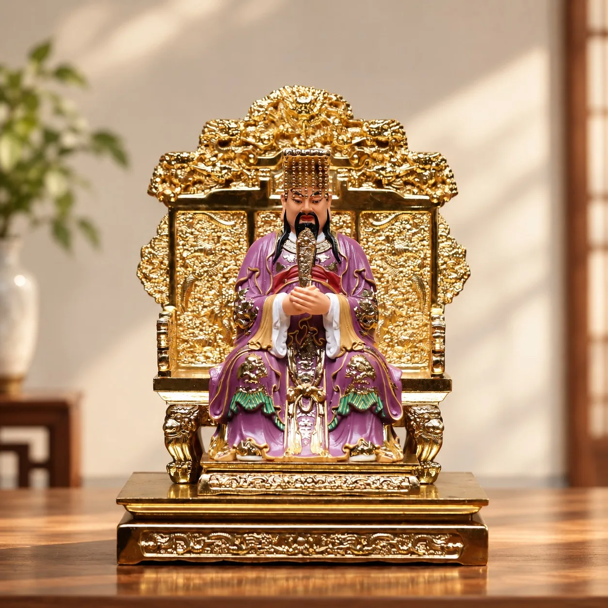 Hand Painted Gold Trim Wood Carved Jade Emperor and Ziwei Emperor Daoist Statue Traditional Home Altar Tabletop Decor Gift
