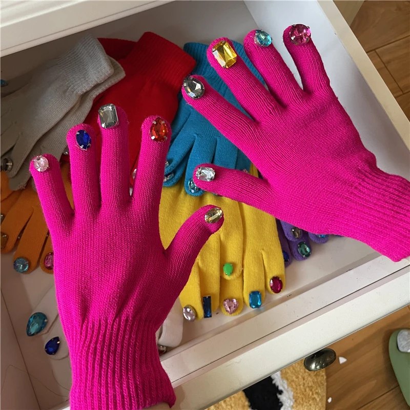 Luxury Gloves Women and Men Mittens with Diamonds Nail Art Gem Gloves Colorful Diamond Knitted Gloves Thick Warm Gloves